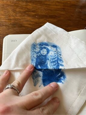 White Silk Handkerchief with Blue Cyanotype Portrait from 1940s China